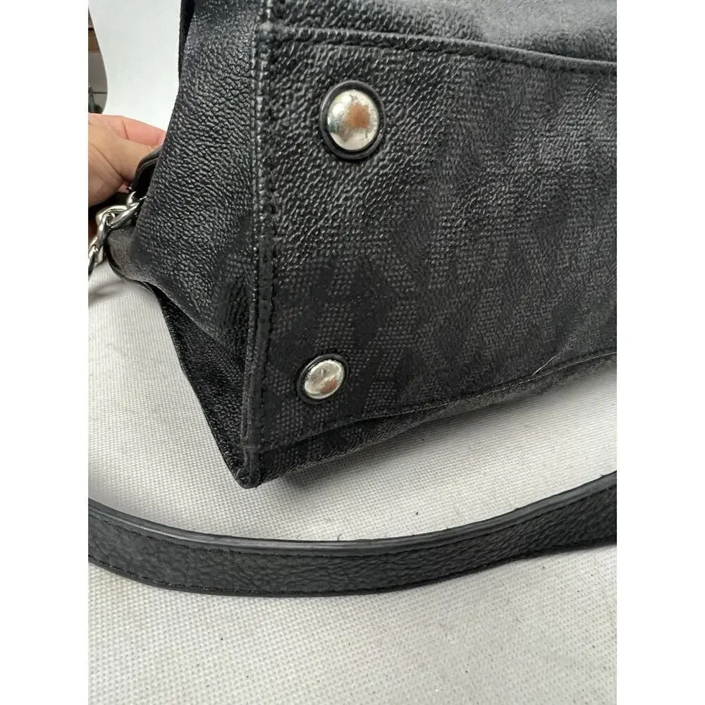 Michael Kors Black Hamilton Leather Silver Chain Satchel Bag Purse